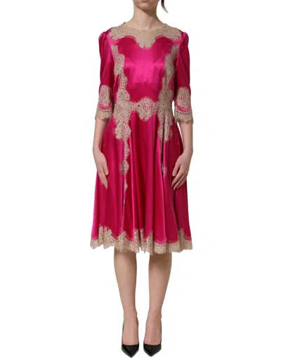 Dolce & Gabbana Fuchsia Pink Lace Detail A-line Midi Women's Dress In Multi