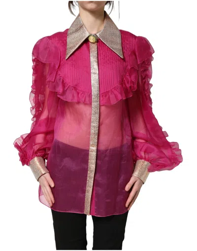 Pre-owned Dolce & Gabbana Fuchsia Sheer Chiffon Buttoned Blouse Women's Top () In Pink