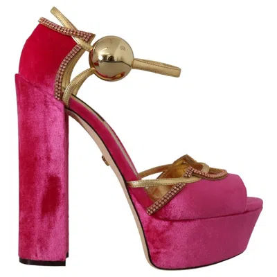 Dolce & Gabbana Pink Velvet Crystal Ankle Strap Sandals Shoes