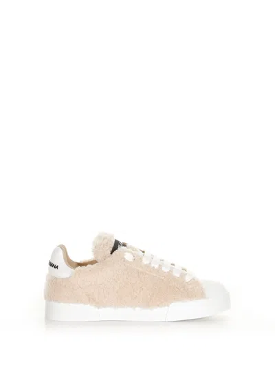 Dolce & Gabbana Portofino Sneaker In Faux Fur In Caffe Bianco