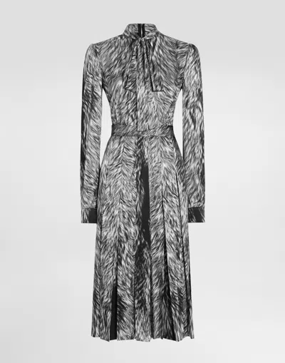DOLCE & GABBANA FUR-PRINT CALF-LENGTH SHIRT DRESS WITH PUSSY-BOW