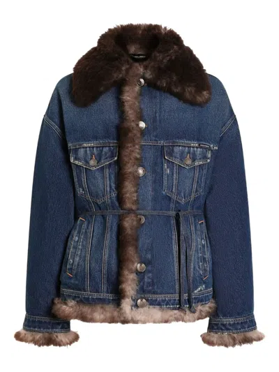 Dolce & Gabbana Fur-trimmed Denim Jacket In Blue