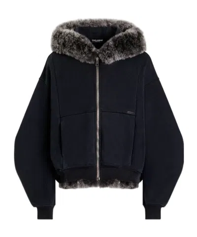 Dolce & Gabbana Shearling-trimmed Cotton-jersey Hooded Jacket In Black