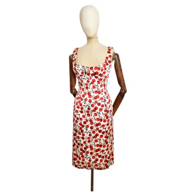 Pre-owned Dolce & Gabbana F/w 1996  Cherry Print Runway Satin Cocktail Dress In Sand