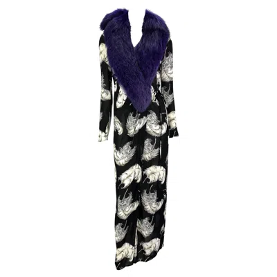 Pre-owned Dolce & Gabbana F/w 1997  Runway Purple Fox Fur Black Feather Print Duster Coat