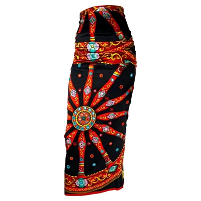 Pre-owned Dolce & Gabbana F/w 1998  Runway Mirror Embroidered Printed Silk Maxi Skirt In Black