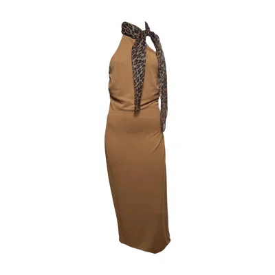 Pre-owned Dolce & Gabbana F/w 2000 Camel Halterneck Leopard-print Scarf Midi Dress In Brown