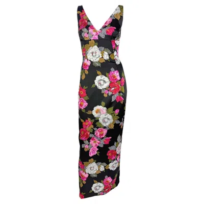 Pre-owned Dolce & Gabbana F/w 2000  Black Satin Corset Boned Floral Print Evening Gown It46