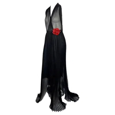 Pre-owned Dolce & Gabbana F/w 2000  Runway Sheer Pleated Black Halter Maxi Gown Flower