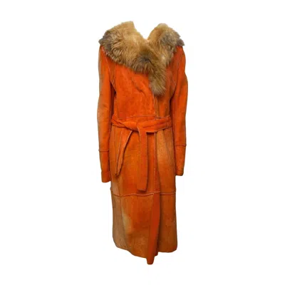 Pre-owned Dolce & Gabbana F/w 2000 Orange Shearling Fur-collar Belted Maxi Coat
