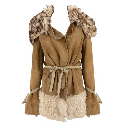 Pre-owned Dolce & Gabbana F/w 2001  Runway Tan Shearling Fur Suede Whipstitch Jacket It42 In Brown