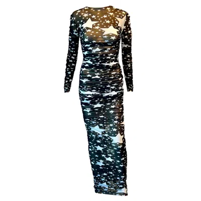 Pre-owned Dolce & Gabbana F/w 2011 Runway Star Print Sheer Mesh Ruched Maxi Evening Dress In Black