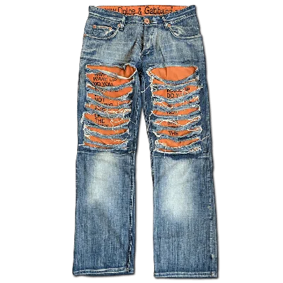 Pre-owned Dolce & Gabbana Fw05 Orange Poem Jeans Distressed Ripped In Blue