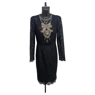 Pre-owned Dolce & Gabbana Fw12  Black Lace Midi Dress With Crystal Bow Embroidery – Size 46
