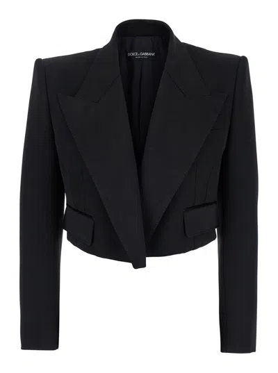 Dolce & Gabbana 'spencer' Black Single-breasted Cropped Jacket With Peak Revers In Velvet Woman