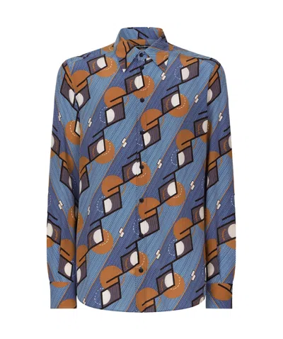 Dolce & Gabbana Geometric-print Silk Shirt In Blue