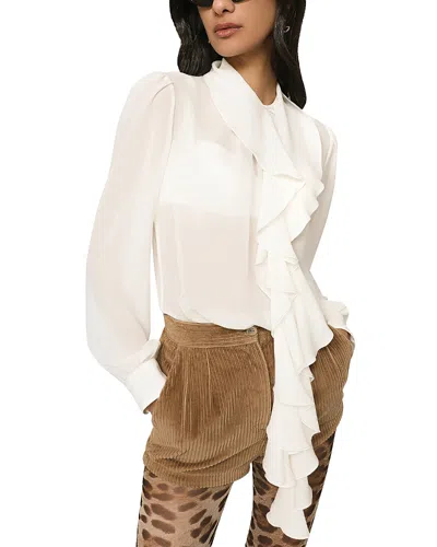 Dolce & Gabbana Georgette Silk Ruffle Blouse In Neutral