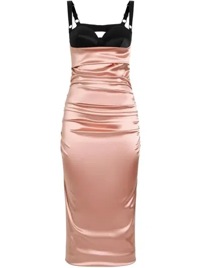 Dolce & Gabbana Two-tone Ruched Satin Midi Dress In Pink