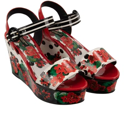 Pre-owned Dolce & Gabbana Geranium Flower Platform Sandals Heels Shoes Bianca Red 12732