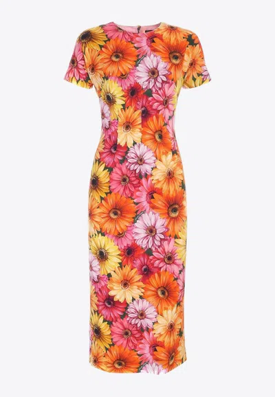 Dolce & Gabbana Gerberas Print Midi Dress In Multicolor