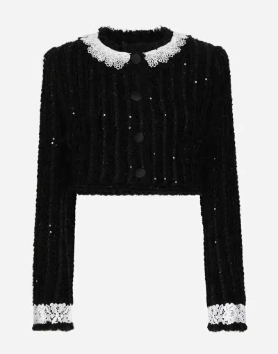 Dolce & Gabbana Giacca Corta In Tweed Ricamo Micropaillettes In Black