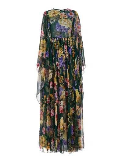 Dolce & Gabbana Dolce&gabbana Garden Floral Print Long Sleeve Silk Chiffon Maxi Dress In Giardino Bianco
