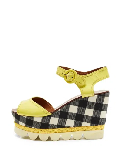 Pre-owned Dolce & Gabbana Gingham Wedge Sandals In Yellow
