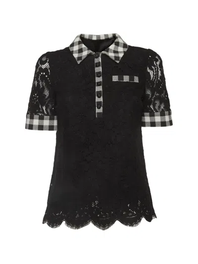 Pre-owned Dolce & Gabbana Gingham-trim Lace Blouse In Black
