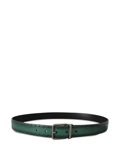 Dolce & Gabbana Giotto Leather Belt Silver Metal Buckle In Green