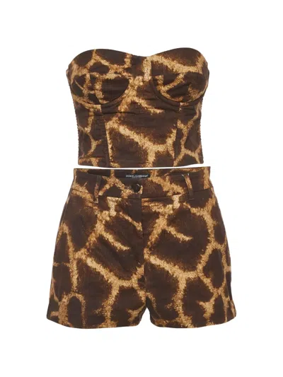 Pre-owned Dolce & Gabbana Giraffe-print Shorts Set In Brown