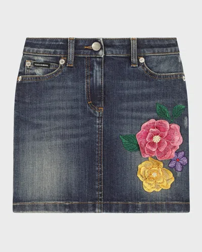 Dolce & Gabbana Kids' Girl's Denim Skirt W/ Floral Patch In Dark Blue