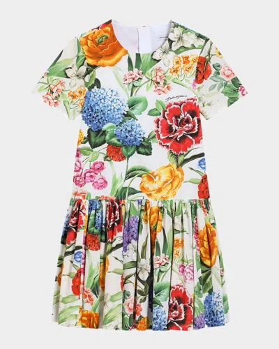 Dolce & Gabbana Kids' Girl's Drop Waist Floral-print Dress In Multi