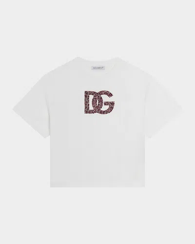 Dolce & Gabbana Kids' Girl's Embellished Interlocked Logo-print T-shirt In White