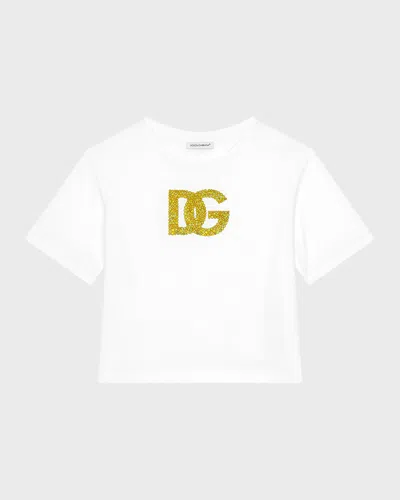 Dolce & Gabbana Kids' Girl's Embellished Interlocked Logo-print T-shirt In Natural