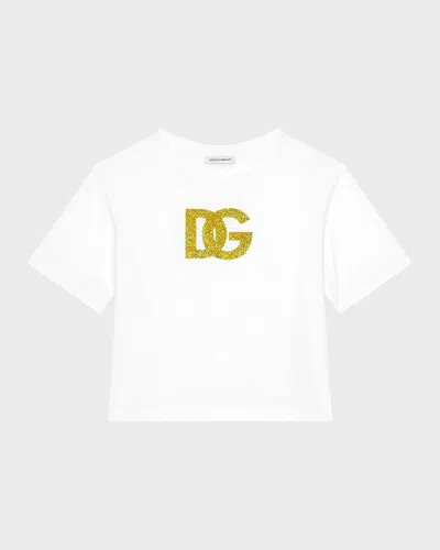 Dolce & Gabbana Girl's Embellished Interlocked Logo-print T-shirt In White