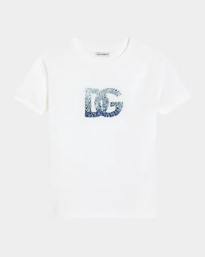 Dolce & Gabbana Kids' Girl's Embellished Interlocked Logo-print T-shirt In White