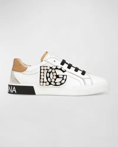 Dolce & Gabbana Girl's Embellished Logo Leather Sneakers, Toddlers/kids In Bianco Oro