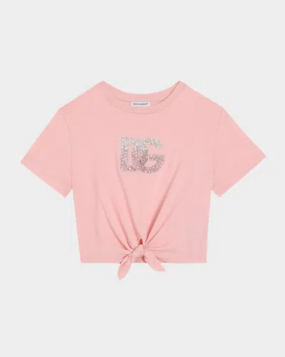 Dolce & Gabbana Kids' Girl's Embellished Logo-print Knot T-shirt In Light Pink