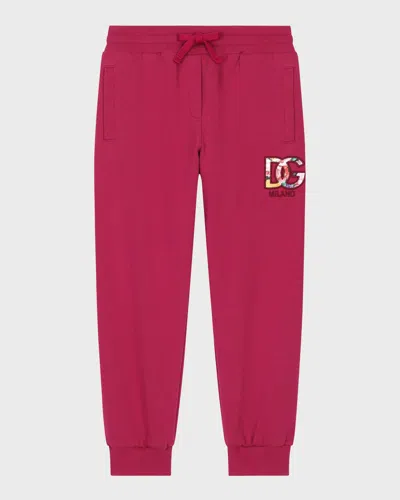 Dolce & Gabbana Kids' Girl's Floral Embroidered Logo-print Joggers In Dark Pink