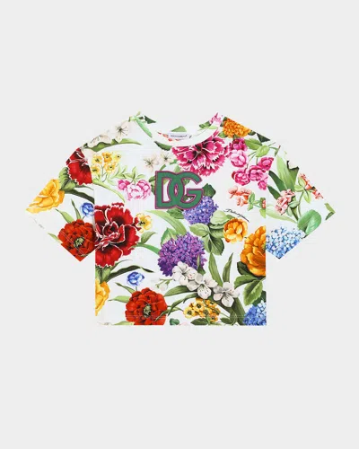 DOLCE & GABBANA GIRL'S FLORAL INTERLOCKED LOGO-PRINT T-SHIRT