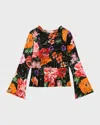 Dolce & Gabbana Girl's Floral-print Bell Sleeve Top In Black Print