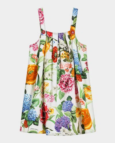 Dolce & Gabbana Kids' Girl's Floral-print Pleated Dress In White
