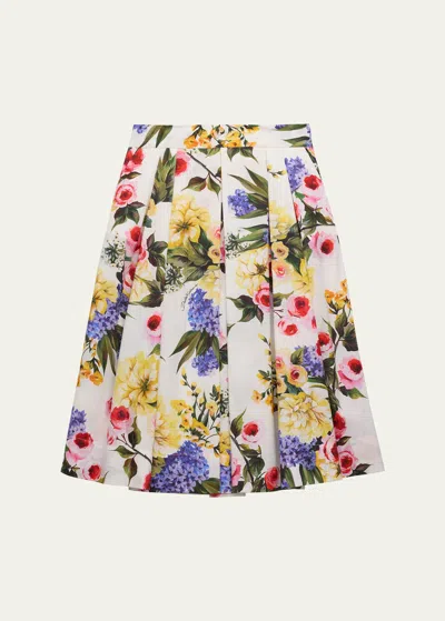 Dolce & Gabbana Kids' Girl's Flower Power Floral-print Pleated Skirt In Giardino Fdo Bian