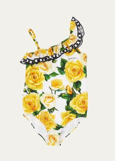 Dolce & Gabbana Kids' Girl's Flowering One-piece Swimsuit In Yellow