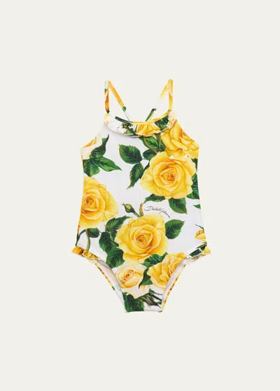 Dolce & Gabbana Kids' Girl's Flowering One-piece Swimsuit In 白色,黄色