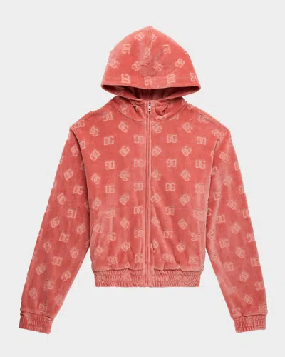 Dolce & Gabbana Kids' Girl's Interlocked Dg Velvet Hoodie In Medpink