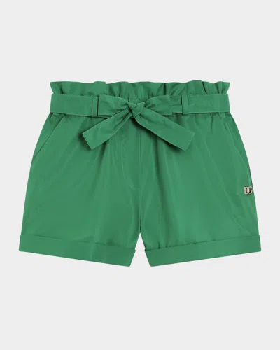 Dolce & Gabbana Kids' Girl's Logo-plaque Belted Shorts In Brgtgreen