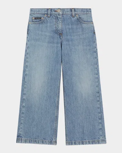 DOLCE & GABBANA GIRL'S LOGO-PLAQUE WIDE LEG JEANS