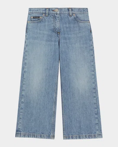 Dolce & Gabbana Kids' Girl's Logo-plaque Wide Leg Jeans In Medblue