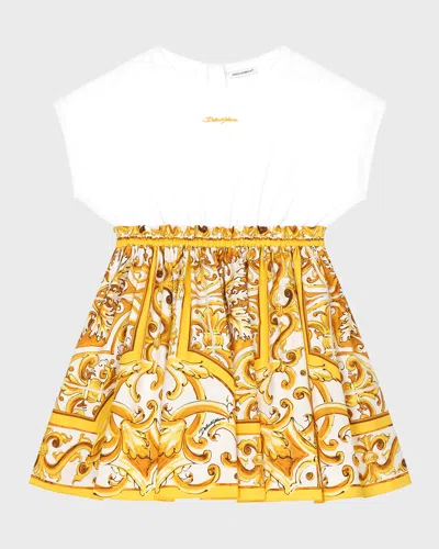 Dolce & Gabbana Kids' Girl's Logo-print Maiollica-print Combo Dress In White Print